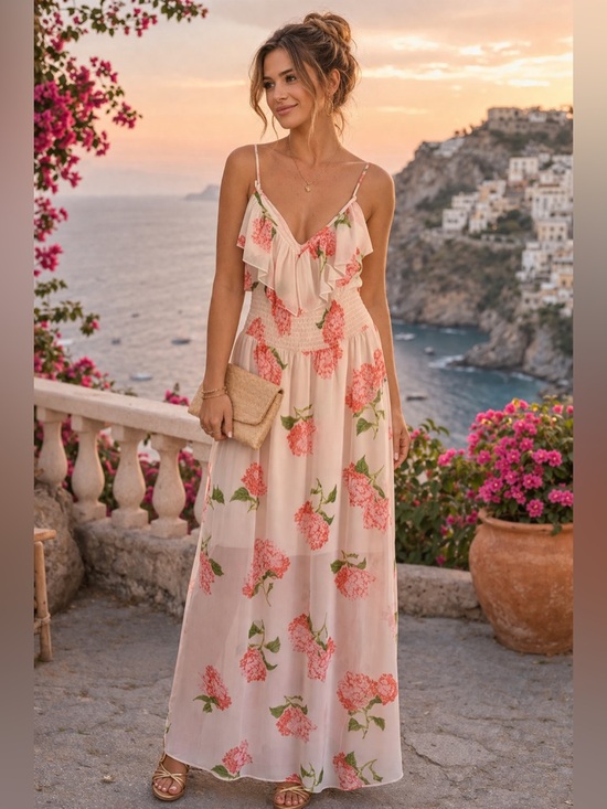 Dresses & Skirts - Floral Pink Ruffle Maxi Dress - Women